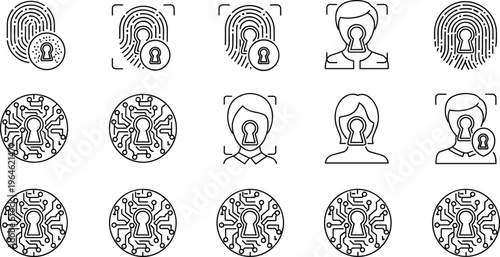 Biometric security icons for facial recognition fingerprint and digital privacy protection technology vector elements