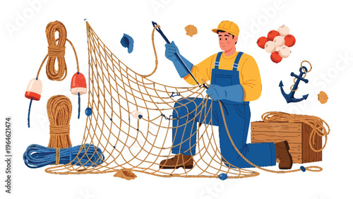 Fisherman's Craft: A skilled fisherman meticulously repairs his fishing net, surrounded by essential tools of the trade, demonstrating dedication and craftsmanship.