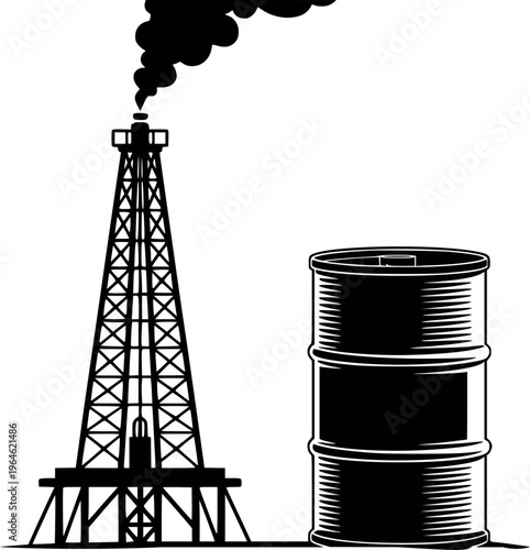 Black silhouette of an oil derrick with smoke and a barrel a white background