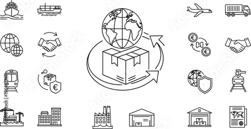 Global logistics supply chain vector icon set for international shipping