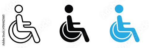Three wheelchair icons in black and blue on white background for accessibility signs and symbols