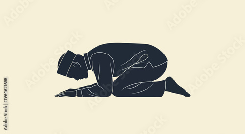 Silhouette of a Muslim Man in Prostration (Sujud) During Salat Prayer, Islamic Worship and Spirituality Concept Illustration