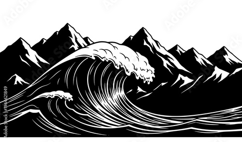A stylized black and white illustration of a large ocean wave with mountains in the background