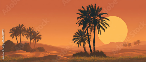 Sunset over palm trees and sand dunes in the desert nature scene minimalist vector illustration
