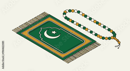 Isometric Illustration of Islamic Prayer Mat and Tasbih Beads, Green Sajadah Rug with Crescent and Star for Ramadan and Religious Worship