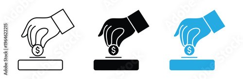 Hand putting money into a piggy bank in black, White and blue icon set for financial and savings concepts