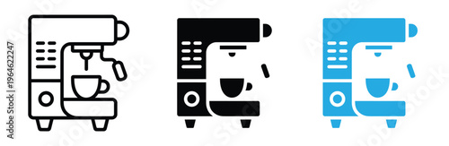 Set of coffee machine icons in black and blue line styles for business and design use
