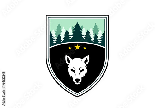 Wolf Head Shield Logo with Pine Forest and Stars Emblem for Outdoor Adventure and Security Branding