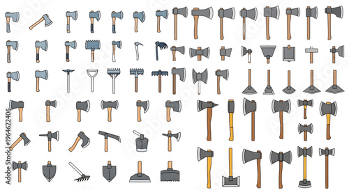 Large Variety Axe Hoe Shovel Tool Sheet, Vector collection of diverse hand tools, Broadaxes and Grubbing Hoes, multiple specific axe heads, hatchets, dual-headed axes, detailed hoes, and rakes, 