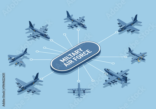 Isometric Military Air Force Fleet Concept with Various Fighter Jets and Transport Aircraft Connected to a Central Hub for Defense Logistics and Aviation Technology