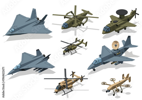 Isometric Military Aircraft Collection: Stealth Jets, Attack Helicopters, AWACS Radar Plane, and Tactical Drone Isolated on White