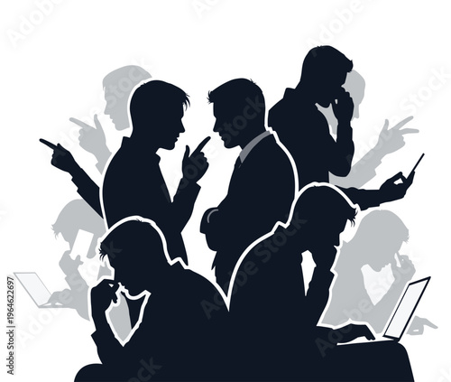 Workplace stress and mental health silhouette of frustrated people dealing with pressure and burnout at work