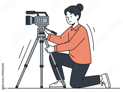 Woman videographer vector illustration operating a professional video camera on a tripod while kneeling