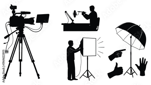Video production vector silhouettes camera lighting microphone photography setup iconsVideo production vector silhouettes camera lighting microphone photography setup icons