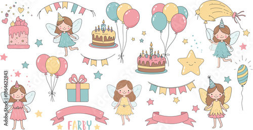 Colorful birthday themed illustrations with girls balloons cakes gifts and decorations for kids party celebration