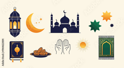Islamic Ramadan and Eid Kareem Icon Set with Mosque, Lantern, Quran, Prayer Rug, Moon and Dates for Muslim Holy Month Design