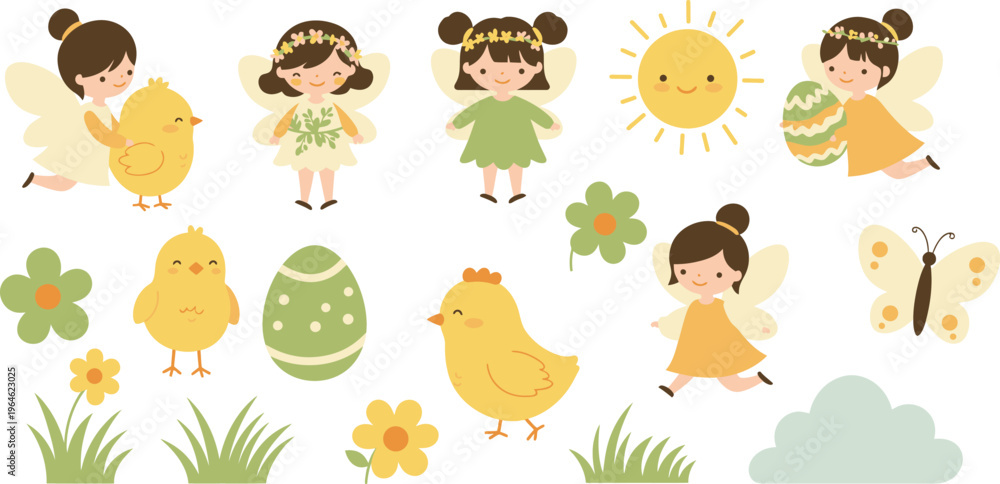 Obraz premium Whimsical illustration of fairies and springtime elements with chicks and flowers