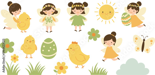 Whimsical illustration of fairies and springtime elements with chicks and flowers