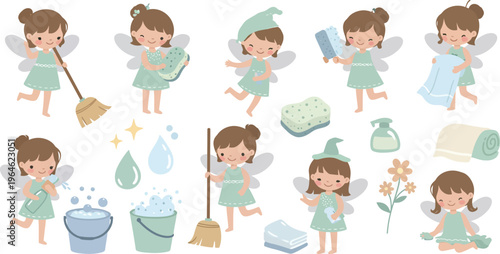 Cute cartoon fairy maid in various cleaning poses with tools and supplies