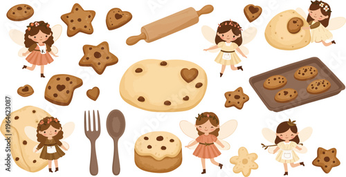 Cartoon illustration of baking elements with cute girls and variety of cookies and utensils on white background
