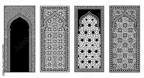 Ornate Islamic Arch Frames with Intricate Geometric and Arabesque Patterns - Set of 4 Black and White Decorative Panel Designs for Ramadan and Eid Celebrations
