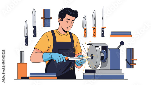 Precision Craft: A skilled artisan expertly sharpens a knife on a grinding wheel, surrounded by an array of various blades, showcasing a focus on precision craftsmanship.