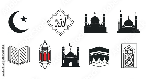 Islamic Religious Icons Set: Mosque Silhouette, Quran, Kaaba, Crescent Moon, Allah Calligraphy and Ramadan Lantern Vector Collection