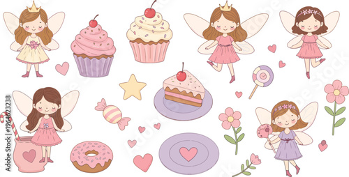 Whimsical illustration of fairy girls surrounded by sweet treats and flowers in pastel colors for kids or birthday themes