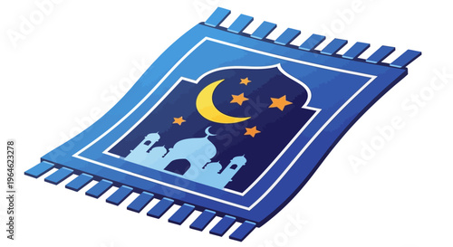 Blue Islamic Prayer Rug Illustration with Mosque Silhouette, Moon, and Stars - 3D Vector Design for Ramadan and Eid Isolated on White