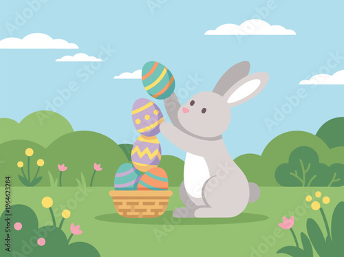 Cute Easter Bunny Stacking Painted Eggs in a Field.