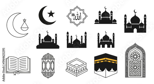 Islamic Icon Collection: Mosque Silhouettes, Kaaba, Quran, and Ramadan Symbols for Religious Design