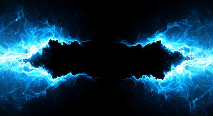 Abstract blue electric plasma lightning stream on black background, energy border