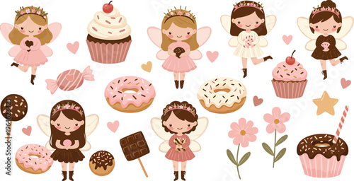 Whimsical illustration of cartoon girls surrounded by sweet treats and desserts