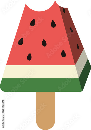 Bitten watermelon ice cream popsicle on a stick looking delicious and cool