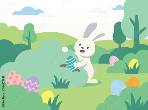 Cute Easter Bunny with Colorful Eggs in a Spring Meadow.