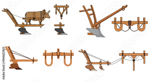 Wooden Animal-Drawn Plow Farm Equipment, featuring a wooden plow and a traditional wooden oxen yoke. Ancient farming equipment, animal-powered wooden plows, including a complete plow with a yoke 