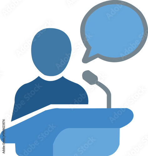Abstract public speaking icon, faceless figure giving speech behind podium
