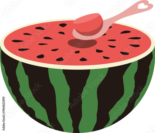 Halved watermelon with a spoon