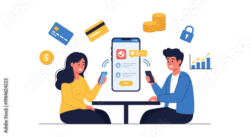Secure Mobile Banking and Digital Payment App Concept. Man and Woman Making P2P Financial Transactions using FinTech Smartphone Illustration.