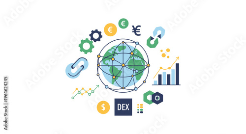 Global Decentralized Finance (DeFi) Network and Blockchain Technology Concept. Crypto Exchange (DEX), Digital Currency Trading and Financial Growth Illustration.
