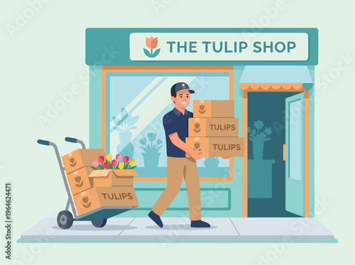 Delivery man carrying boxes outside a flower shop.