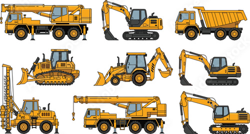 Heavy construction equipment set including crane excavator bulldozer backhoe dump truck drilling rig industrial machinery vehicles vector illustration collection