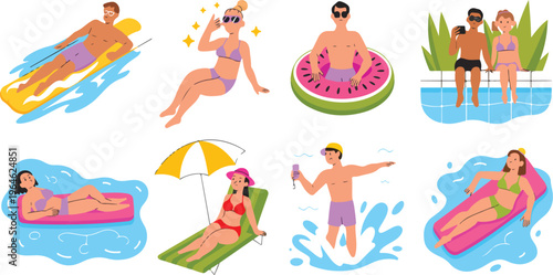Flat characters vector set with people enjoying summer sunbathing on loungers, swim rings, women in pool, men surfing, tourists illustration