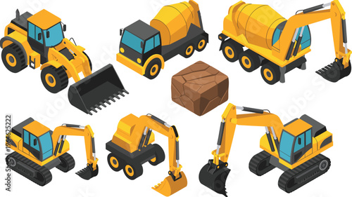 Isometric construction machinery set with excavators loader cement mixer trucks and cargo block industrial building equipment vector illustration