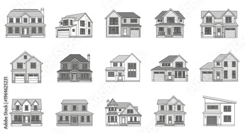 Black White Architecture Vector USA Home Designs Residential House Illustration Building Collection Pack