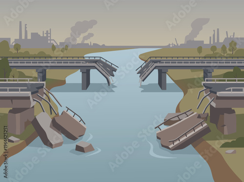 Destroyed bridge over river with industrial background.