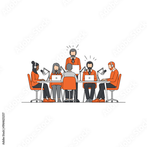 Diverse group of podcasters recording engaging audio content in a modern studio environment.