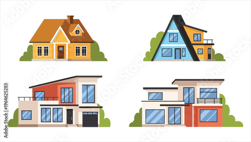 Isolated cartoon houses – simple suburban homes representing real estate and property ownership