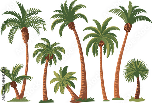 Tropical palm tree collection with detailed leaves and curved trunks perfect for summer beach scenes island graphics and nature design