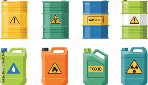 Set of hazardous chemical containers with warning symbols isolated on white background safety toxic materials vector illustration collection